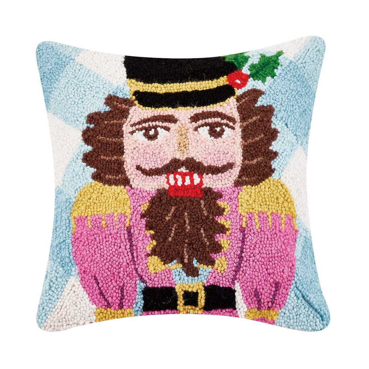 Blue Gingham Nutcracker Hooked-Wool Christmas Accent Pillow