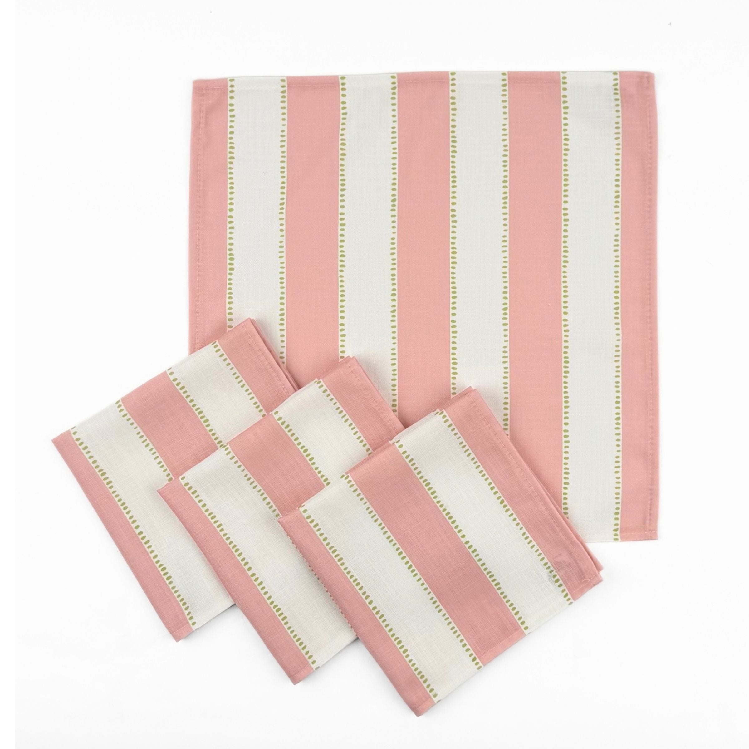 Set of Pink and white striped cloth dinner napkins featuring delicate green dotted accents for elegant tablescapes.