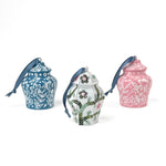 Set of Elegant ginger jar ornaments featuring intricate floral patterns in blue, pink, and green with ribbons.