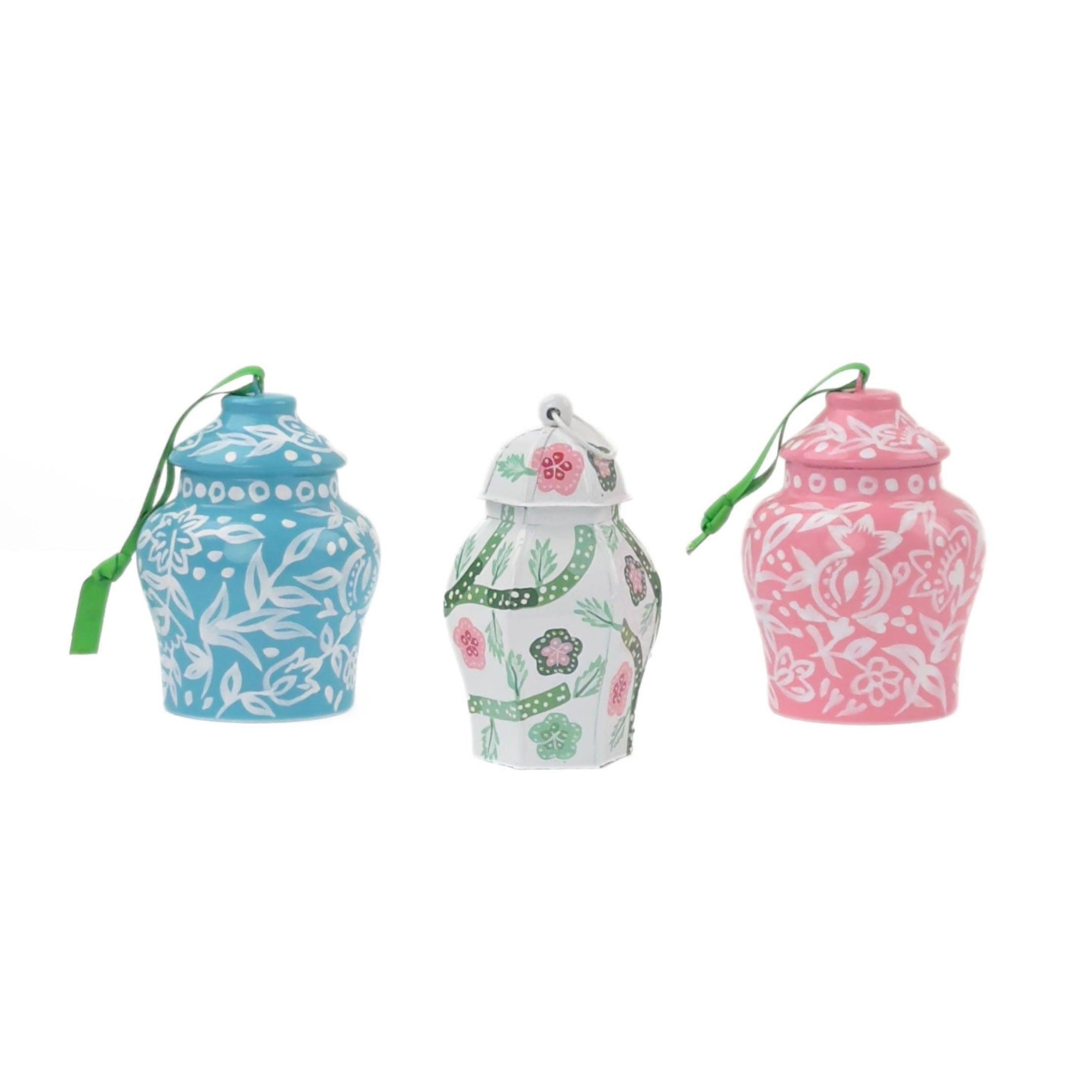 Chinoiserie ginger jar Christmas ornaments featuring intricate floral patterns in blue, pink, and green designs.