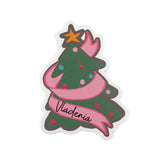 Festive Christmas tree place card featuring colorful ornaments, a pink ribbon, and space for personalized names.