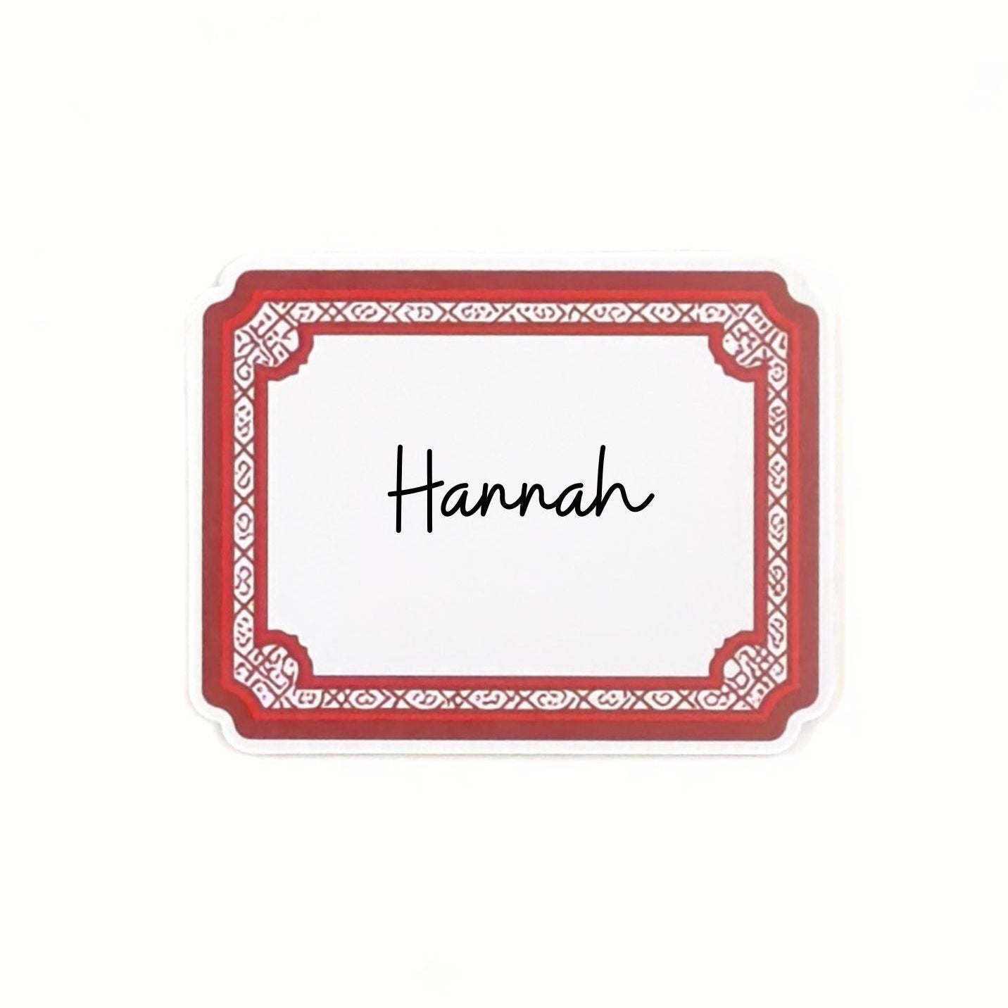 Elegant Geranium paper place card featuring a decorative red border and personalized names for table settings.