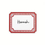 Elegant Geranium paper place card featuring a decorative red border and personalized names for table settings.