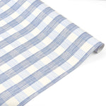 Blue gingham patterned Christmas wrapping paper roll on a white background.