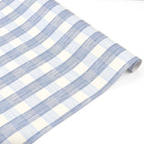 Blue gingham patterned Christmas wrapping paper roll on a white background.