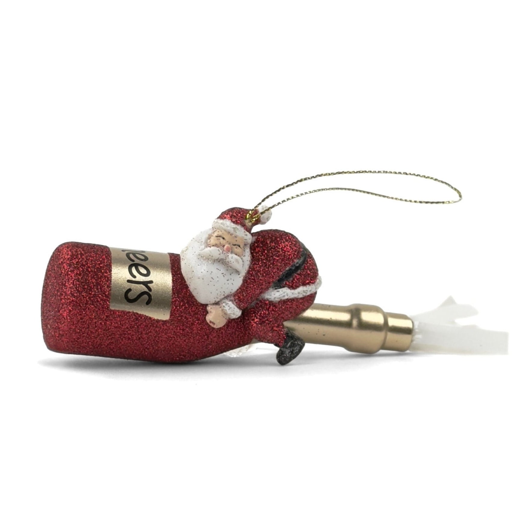 a santa riding a red champagne bottle ornament against a white background