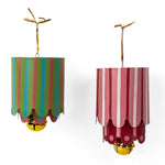Colorful tole metal lantern Christmas ornaments featuring green, pink, and red stripes with gold bells.