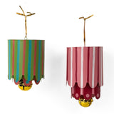 Colorful tole metal lantern Christmas ornaments featuring green, pink, and red stripes with gold bells.