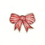 Front view of a red and white striped bow-shaped decorative tray with gold outline.