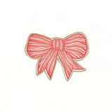hand-painted tole tray featuring a delicate pink bow with white stripes and elegant gold trim on a white background