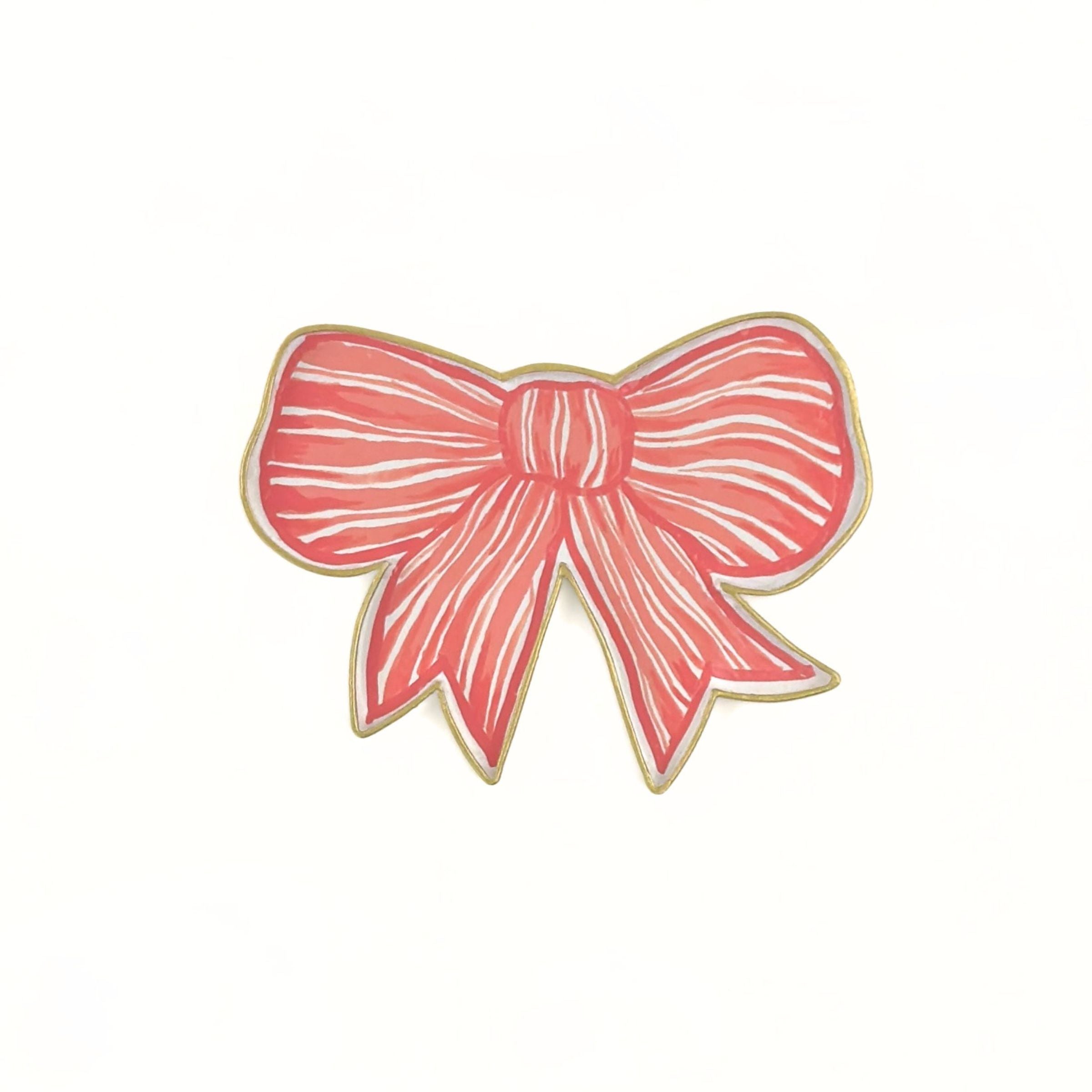 hand-painted tole tray featuring a delicate pink bow with white stripes and elegant gold trim on a white background