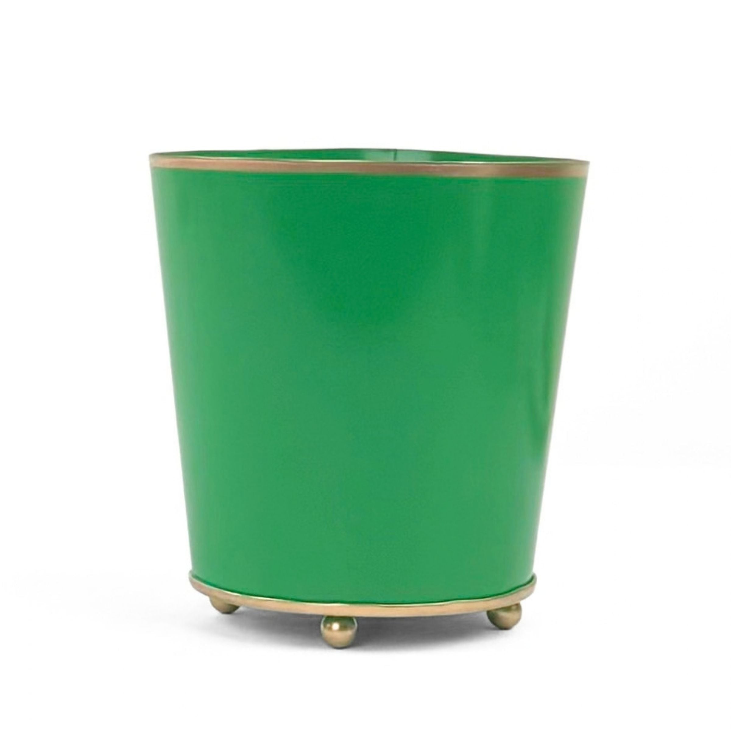 Bright Green large tole metal cachepot with gold base and trim on a white background
