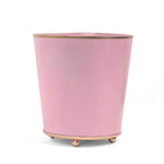 Bright Light Pink large tole metal cachepot with gold base and trim on a white background