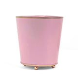 Bright Light Pink large tole metal cachepot with gold base and trim on a white background