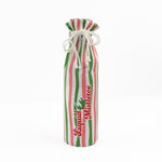 pink, green, and white striped wine bag with “Liquid Mistletoe” printed on the front
