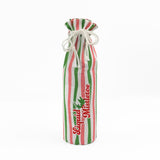 pink, green, and white striped wine bag with “Liquid Mistletoe” printed on the front