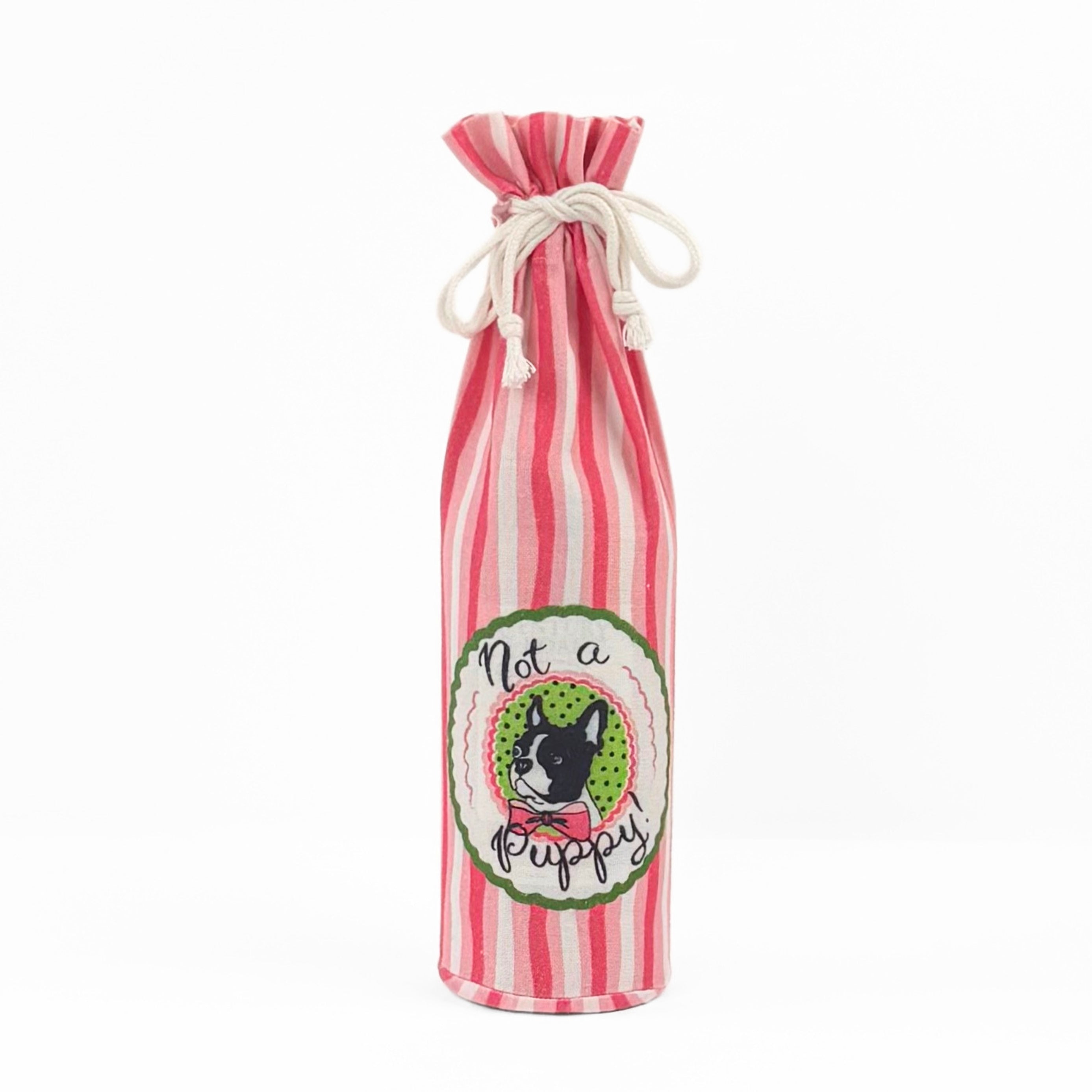 red and white striped wine bag with a dog illustration and “Not a puppy!” printed on the front