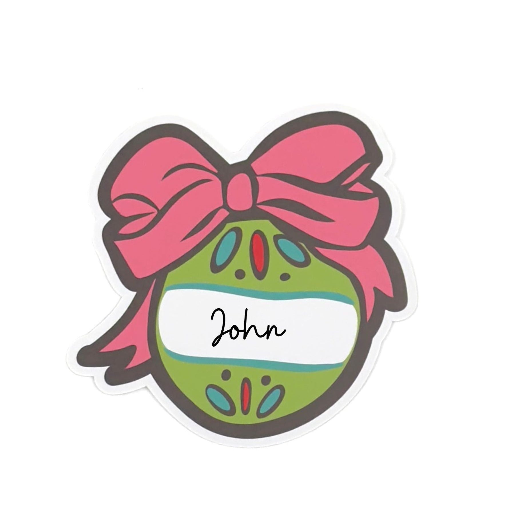 Festive ornament place card featuring a green Christmas bauble, pink bow, and personalized name space.