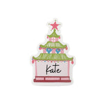 Charming pagoda place card featuring colorful chinoiserie details, pink accents, and space for personalized names.