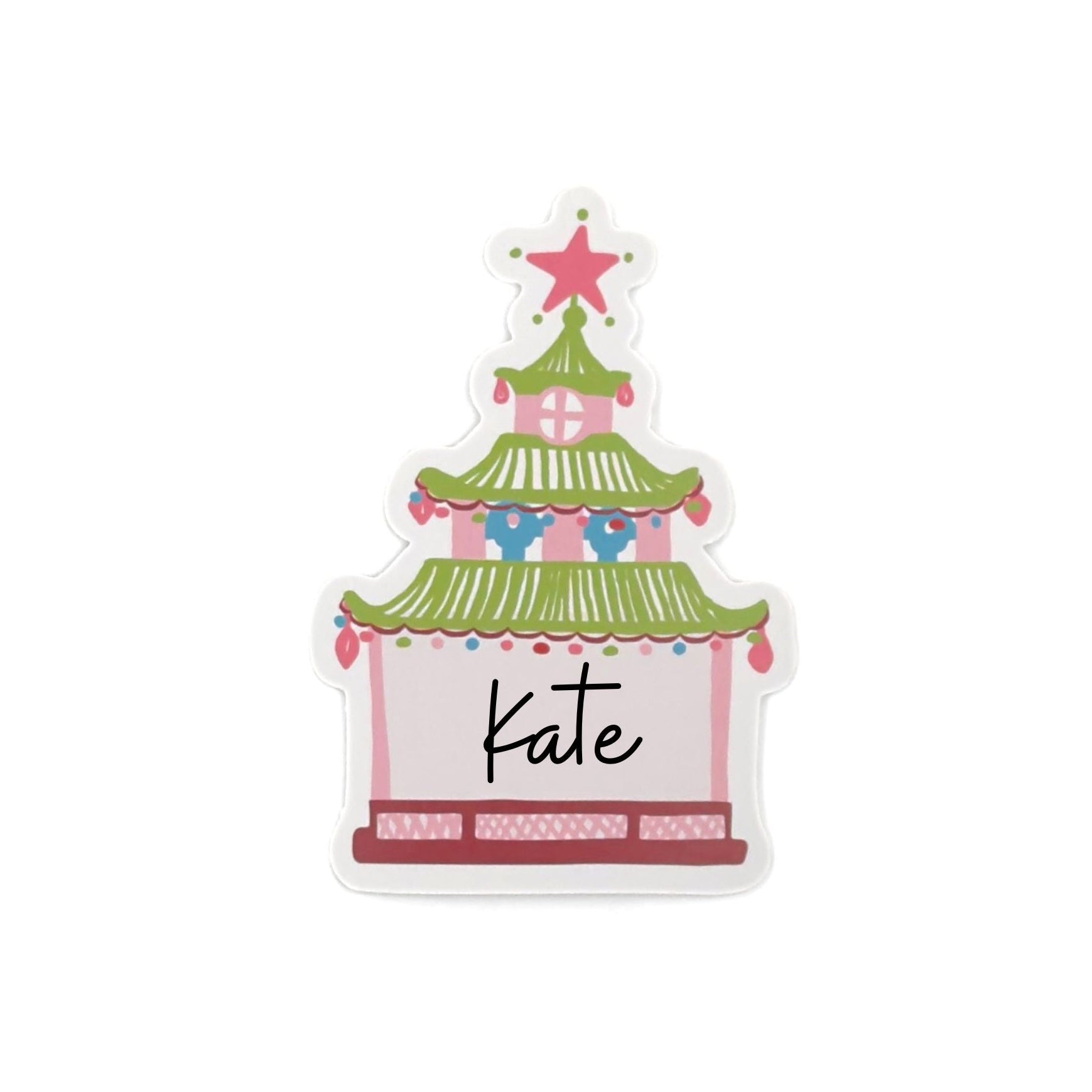 Charming pagoda place card featuring colorful chinoiserie details, pink accents, and space for personalized names.