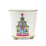 Hand-Painted Large Tole Cachepot - Festive Pagodas