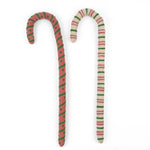 Large felt Christmas candy canes featuring festive pink, green, and cream stripes with playful patterns.