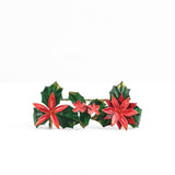A metal christmas place card holder decorated with red poinsettia flowers and holly leaves 
