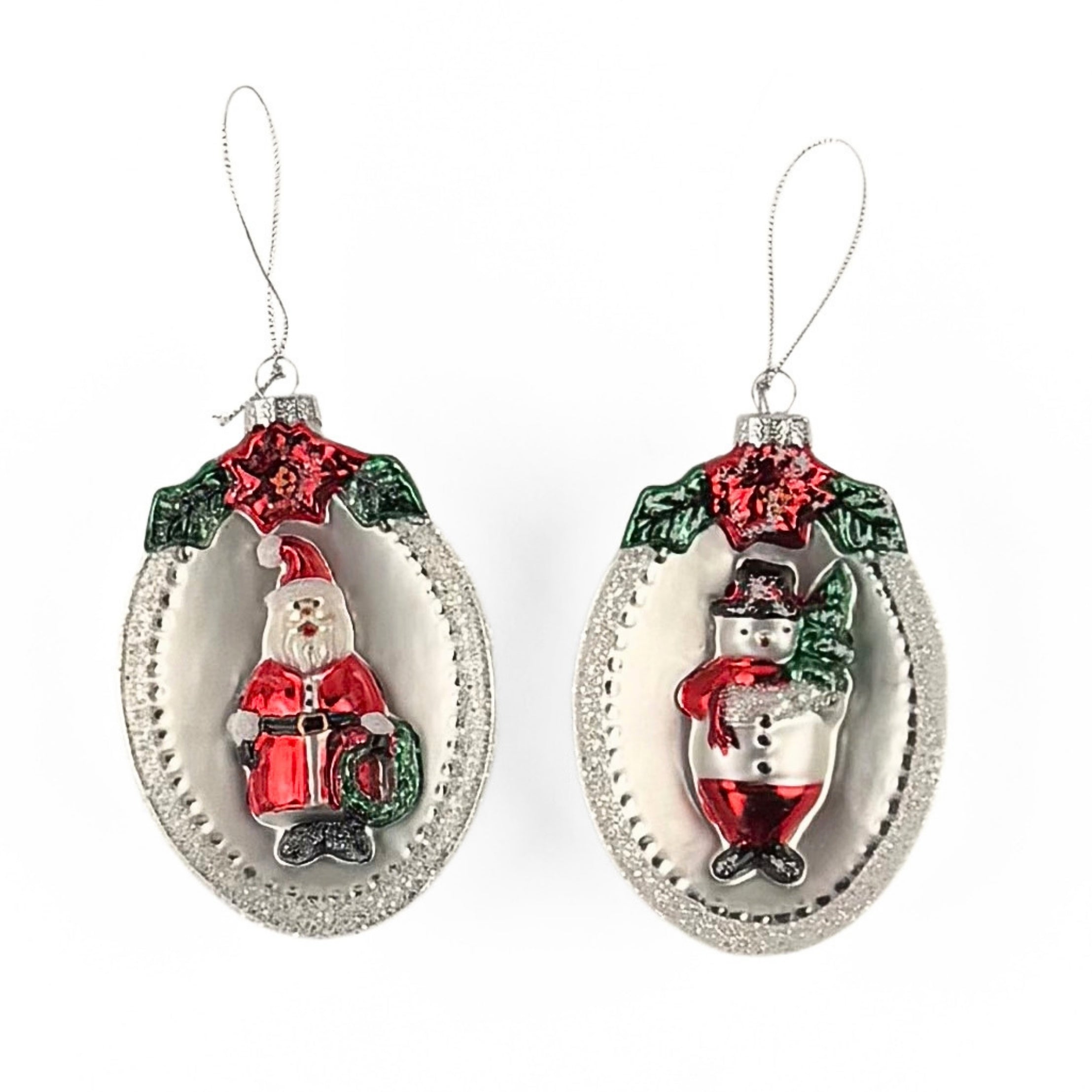 Festive glass Christmas ornaments featuring Santa and snowman designs with sparkling silver, red, and green accents.