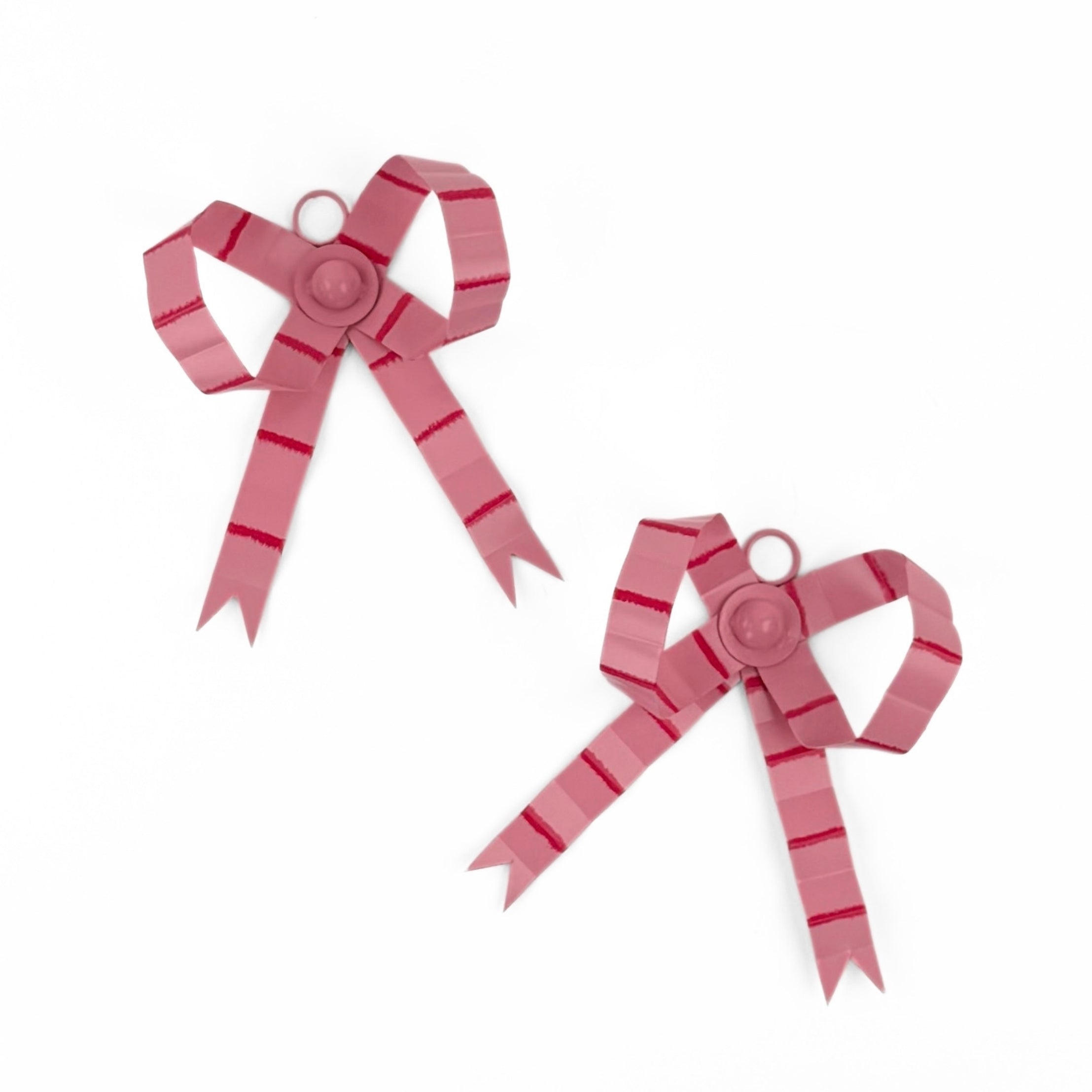 Small pink bow Christmas ornaments featuring red stripes and delicate ribbon loops for festive decorating.