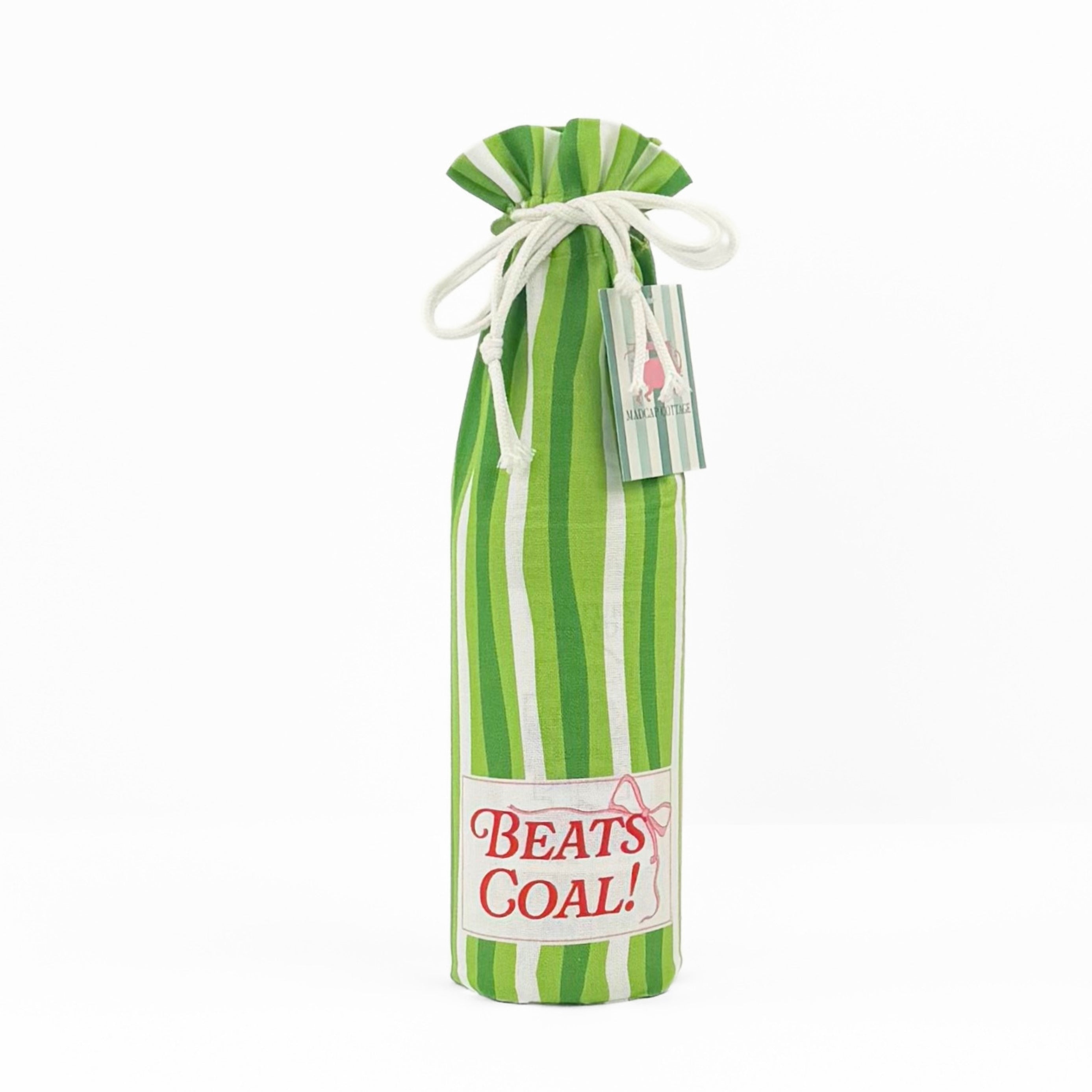 green and white striped wine bag with a “Beats Coal!” label on the front