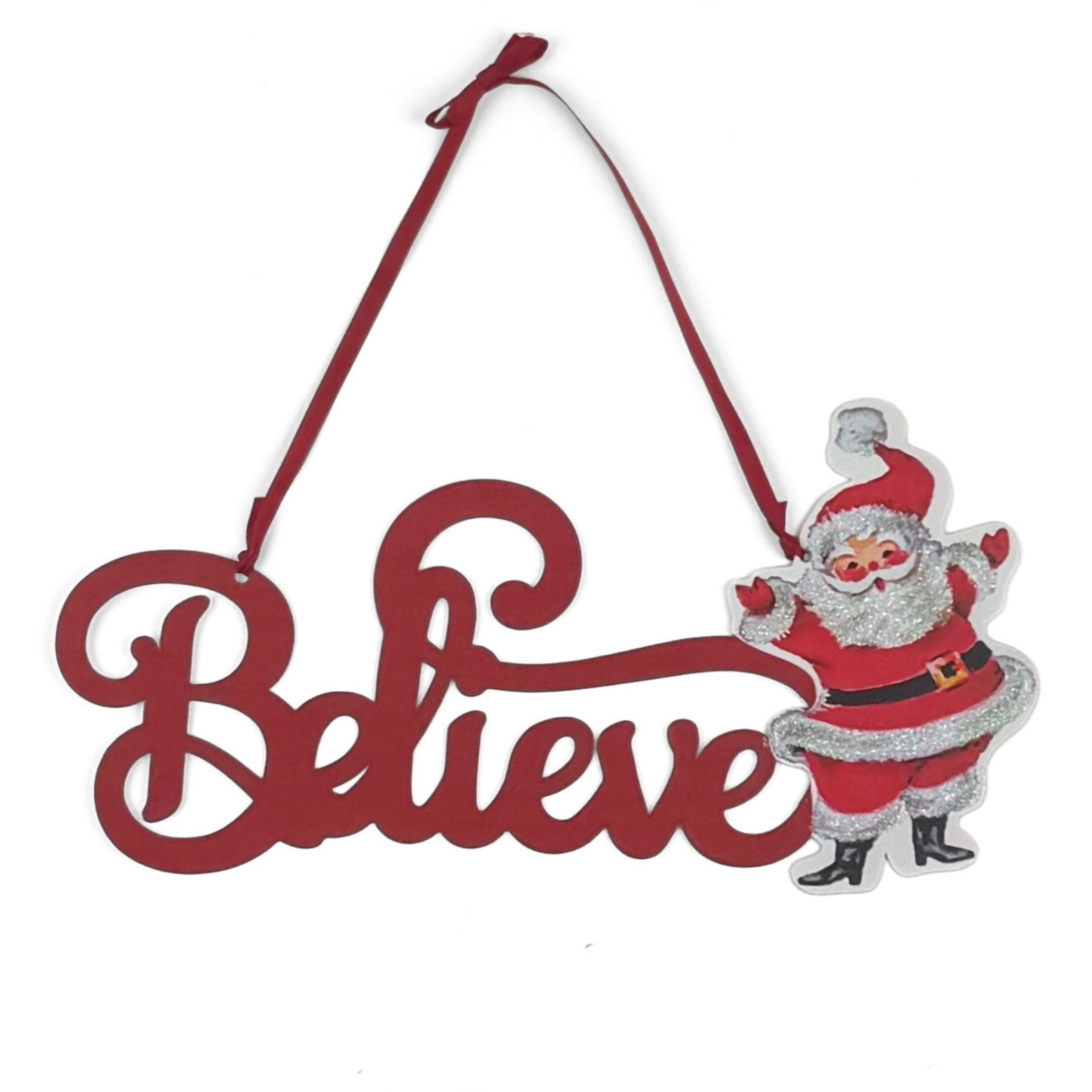 Decorative red christmas sign with 'Believe' text and a Santa Claus figure on a white background