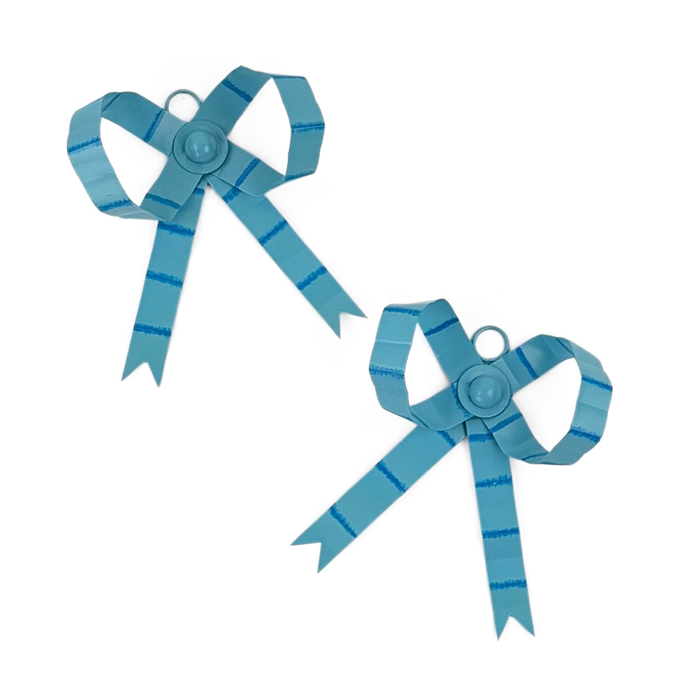 Blue tole Christmas bow ornaments featuring darker blue stripes and charming ribbon loops for festive decorating.