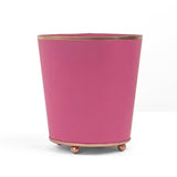 Bright Pink large tole metal cachepot with gold base and trim on a white background