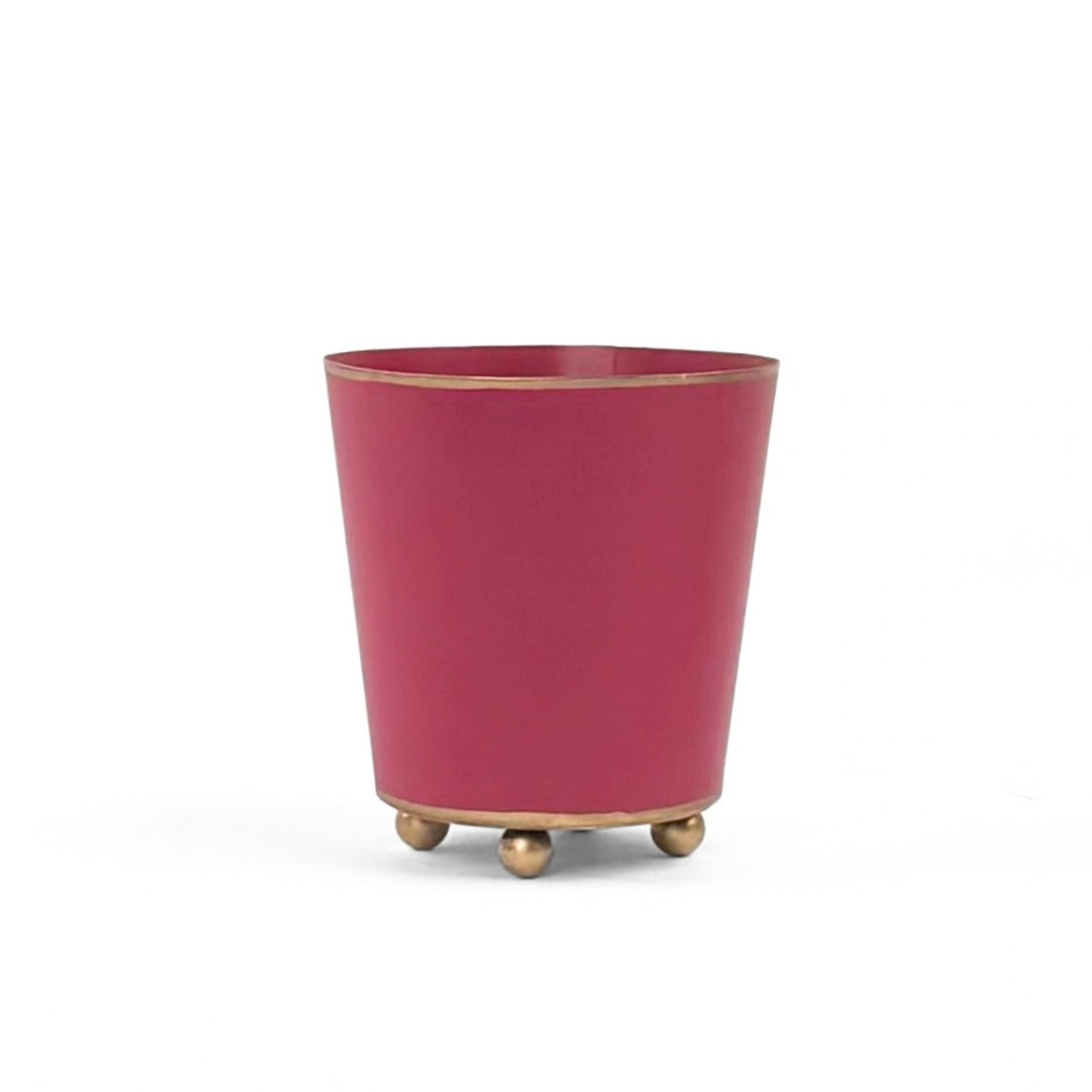 Bright Pink small tole metal cachepot with gold base and trim on a white background
