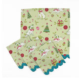 Set of Light green Christmas dinner napkins featuring festive pugs, holiday decorations, and bright turquoise ric rac trim.