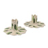 Set of two white ceramic scalloped candle holders with hand-painted green brushstroke accents, designed for taper candles, displayed on a white background.