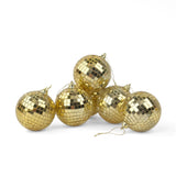 Six Gold mini disco ball ornaments featuring shimmering mirrored tiles, perfect for festive Christmas tree decorating.