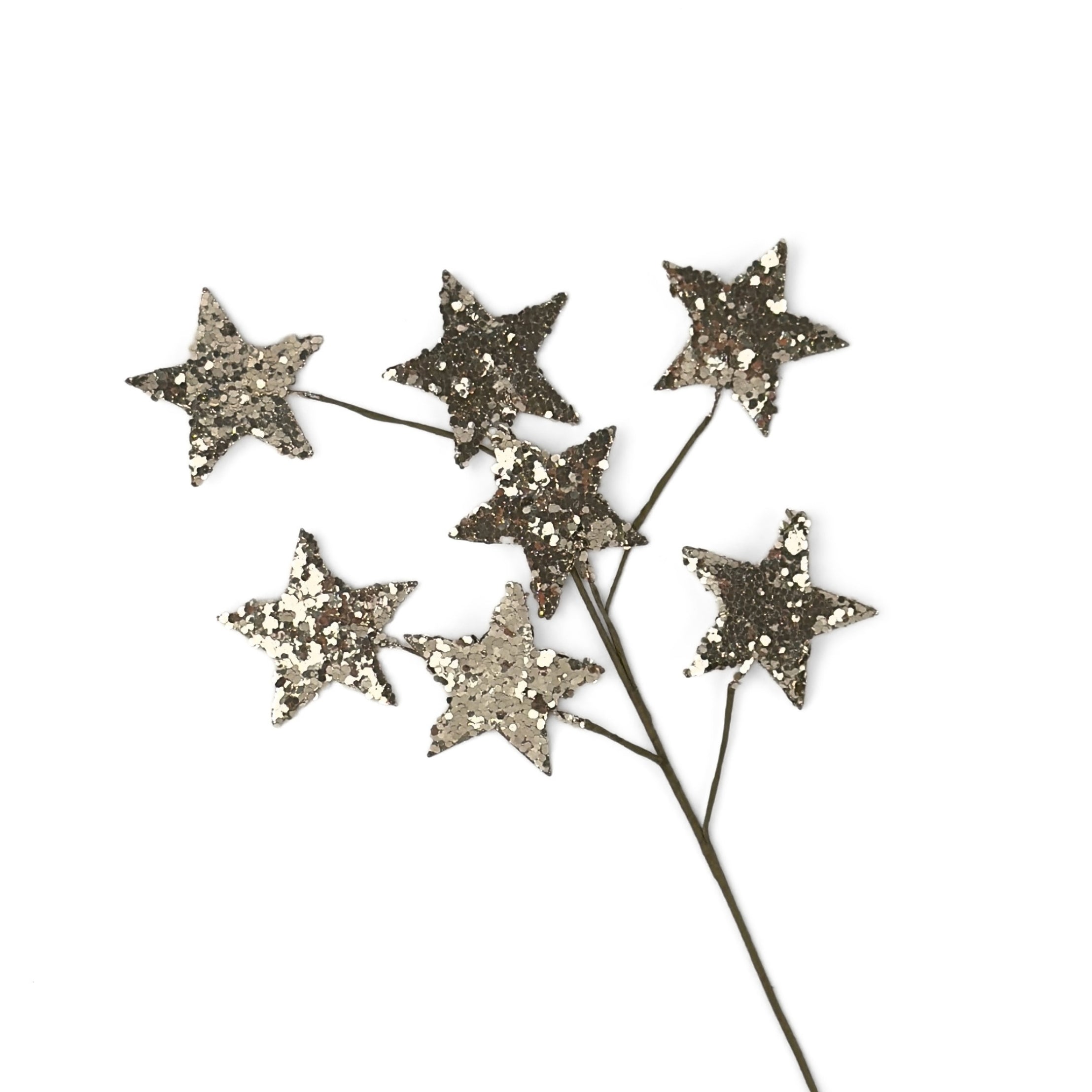 Gold champagne spray of stars featuring sparkling glitter accents, perfect for festive Christmas trees and arrangements.