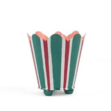 Red and green striped tole cachepot with scalloped rim and pink interior, standing upright.