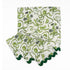 Set of White dinner napkins featuring green bunnies, bows, strawberries, floral patterns, and dark green ric rac trim.