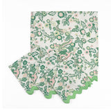 Set of Cloth dinner napkins featuring green Chinese dragon and pink floral prints with green ric rac trim.