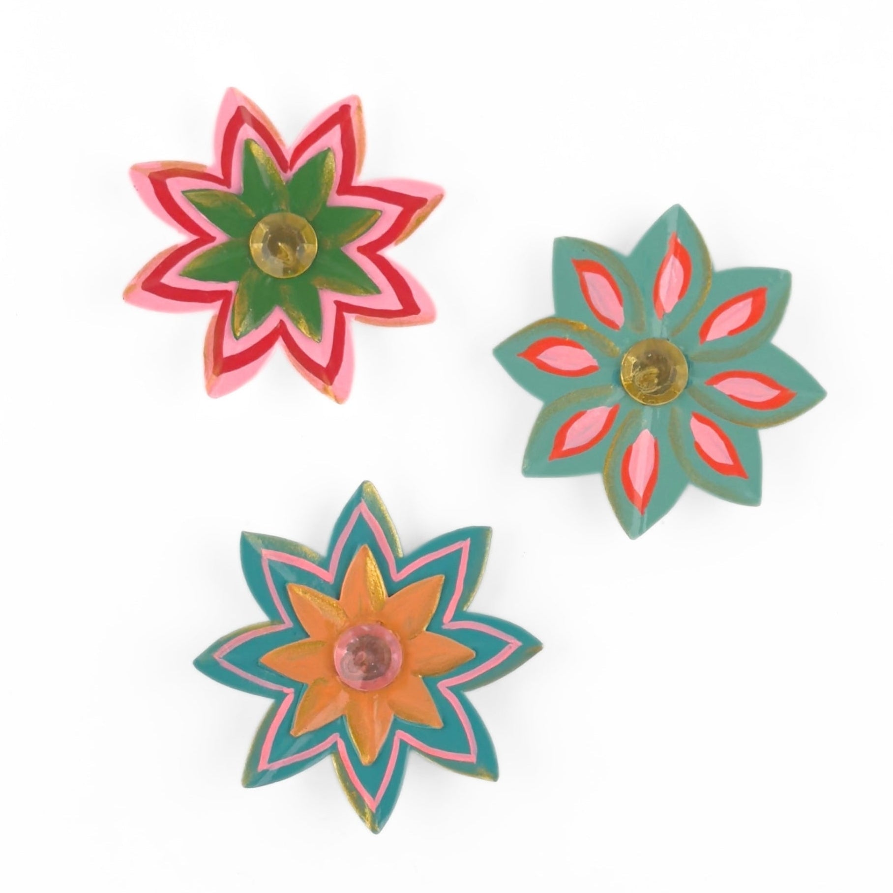 Colorful jeweled flower Christmas ornaments featuring hand-painted floral designs, vibrant petals, and sparkling gemstone centers.