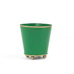 Bright Kelly green large tole metal cachepot with gold base and trim on a white background