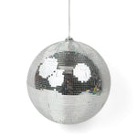 Large mirrored disco ball Christmas ornament featuring shimmering silver tiles, perfect for festive holiday decorating.
