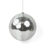 Large mirrored disco ball Christmas ornament featuring shimmering silver tiles, perfect for festive holiday decorating.