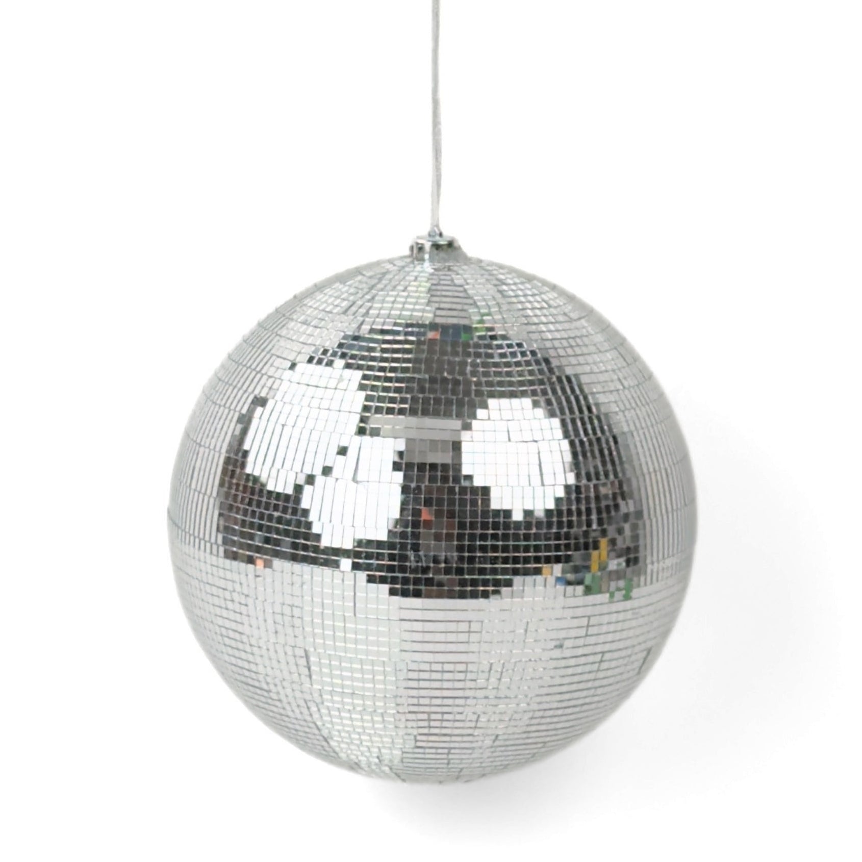 Large mirrored disco ball Christmas ornament featuring shimmering silver tiles, perfect for festive holiday decorating.
