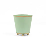 Bright Light green large tole metal cachepot with gold base and trim on a white background
