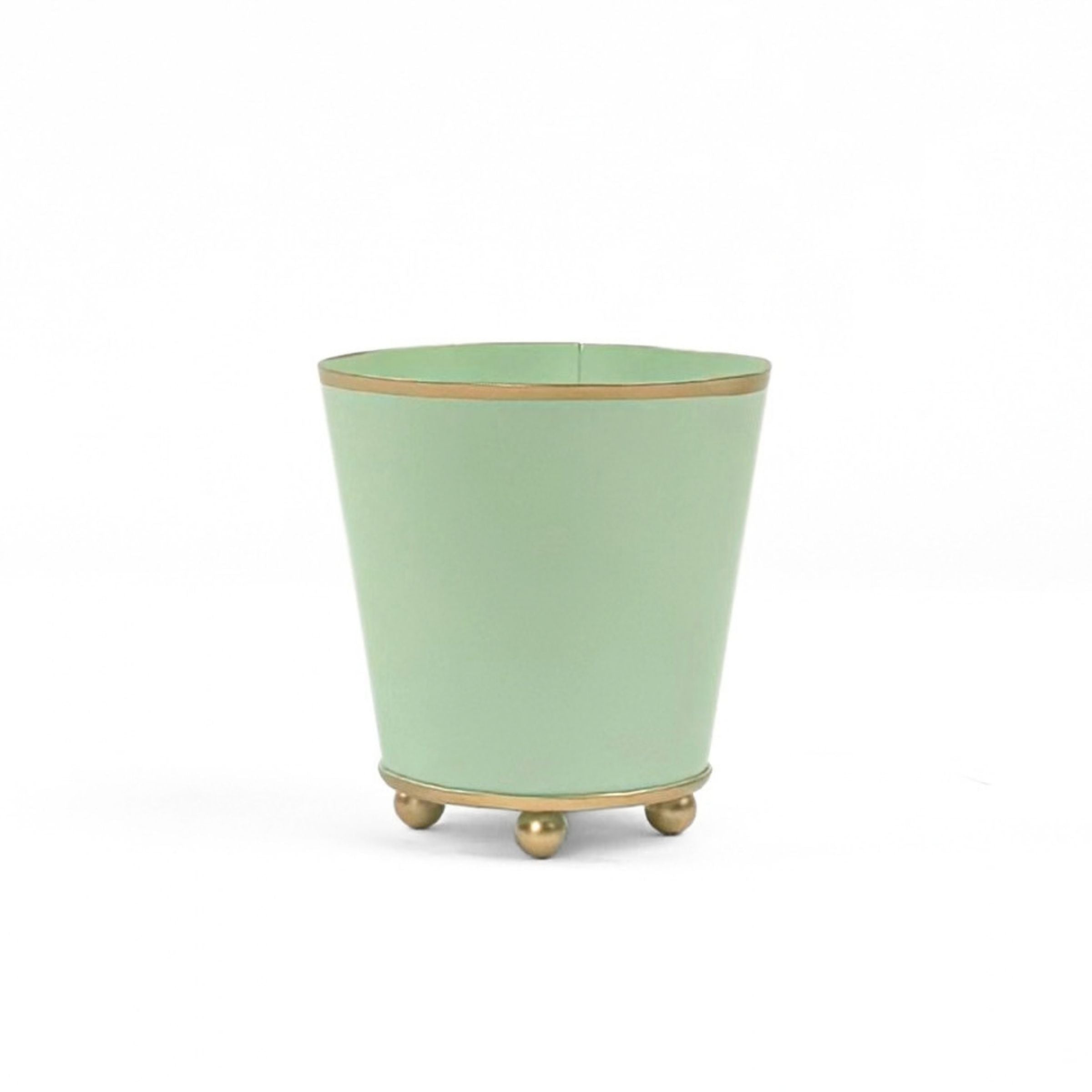 Bright Light green large tole metal cachepot with gold base and trim on a white background