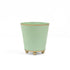 Bright Light green large tole metal cachepot with gold base and trim on a white background