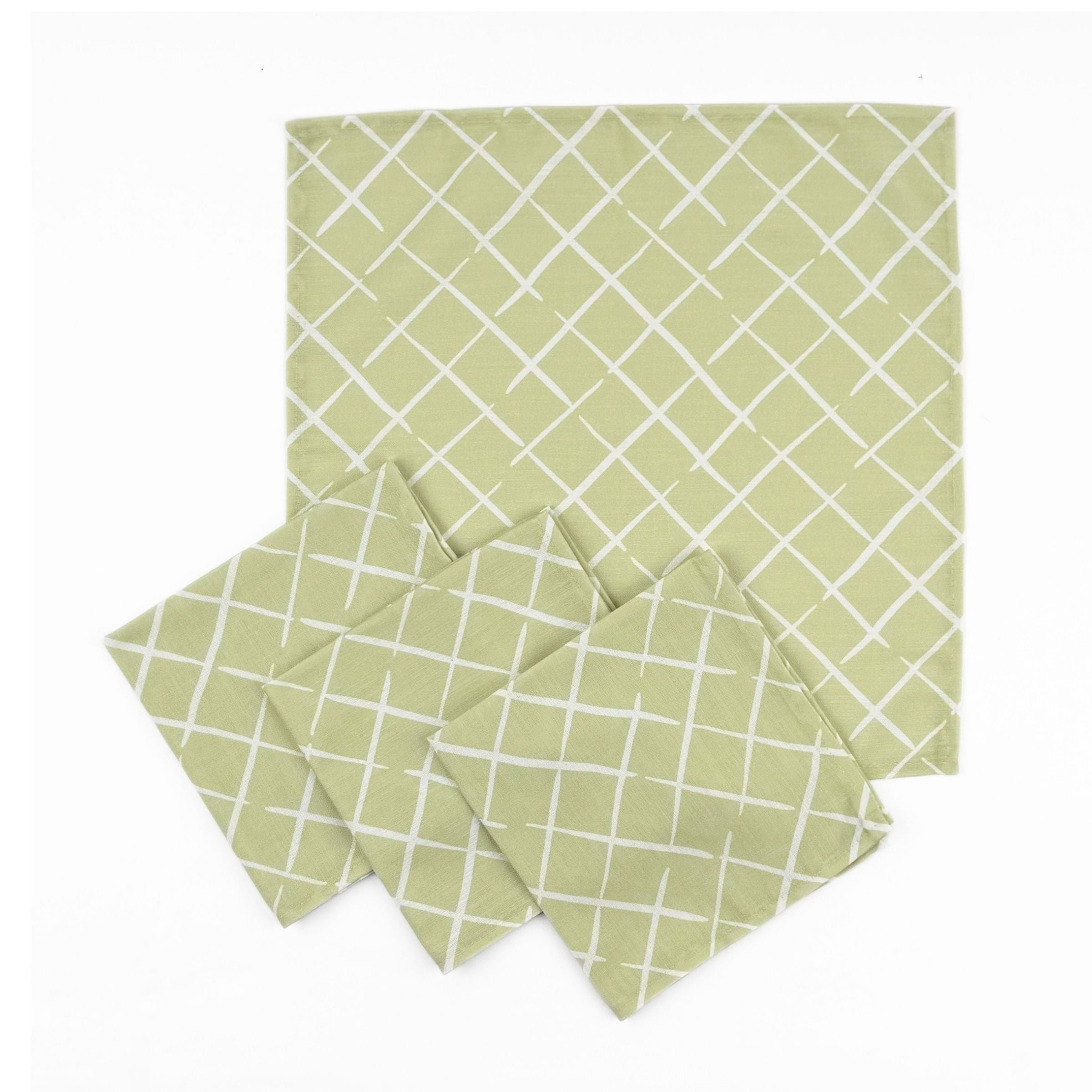 Set of Light green cloth dinner napkins featuring a delicate white lattice pattern for elegant table settings.